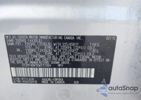 2012 Toyota Rav4 Limited z USA, uszkodzony, nr VIN 2T3YF4DV1CW111364